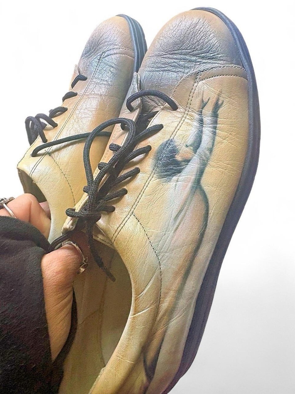 ICON Beige Leather Lace-Up Sneakers with Blue Accent